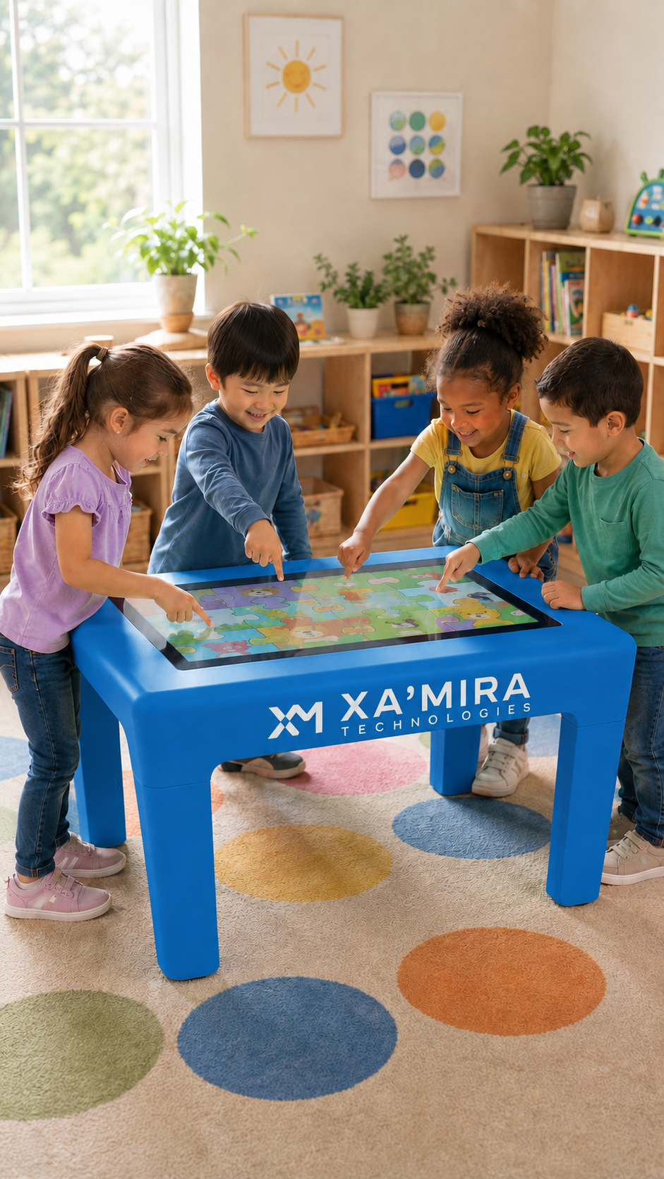 Children playing on a blue touchscreen table