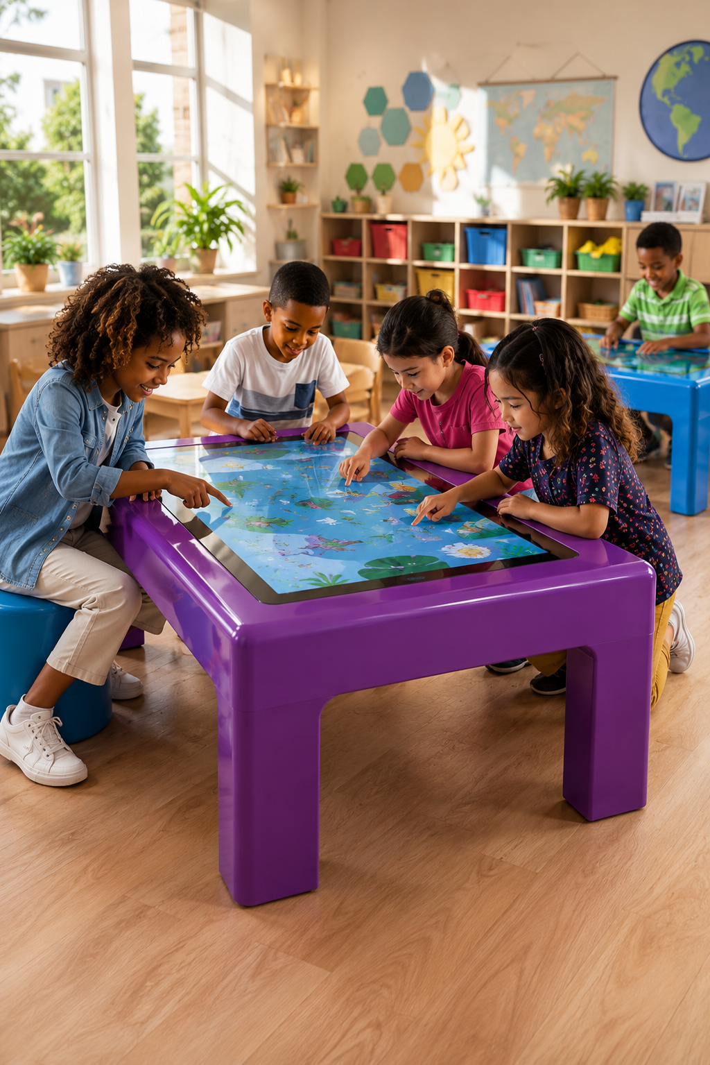 Different children learning together around purple Xa'Mira touchscreen tables in a classroom