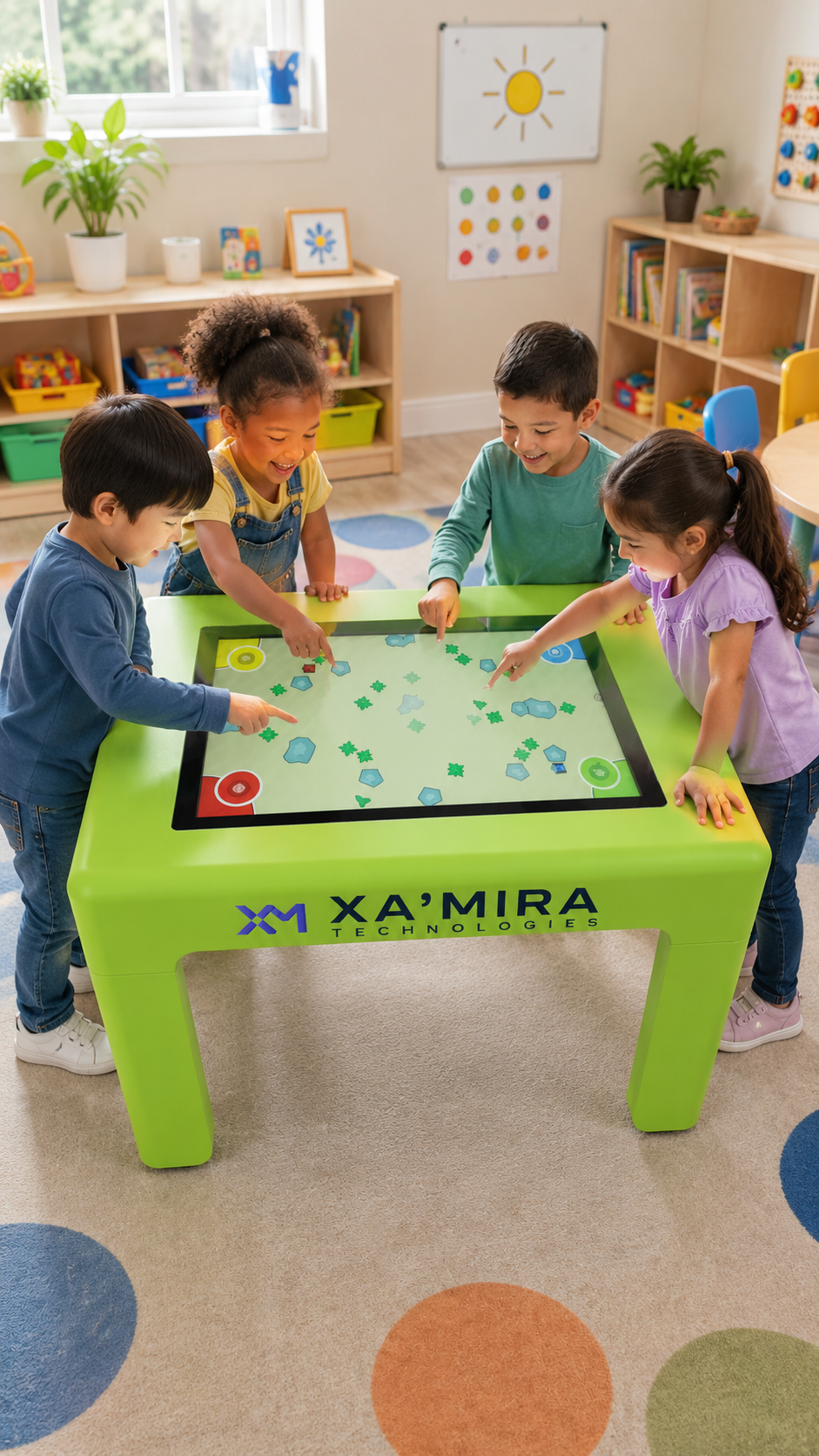 Children learning on a green touchscreen table