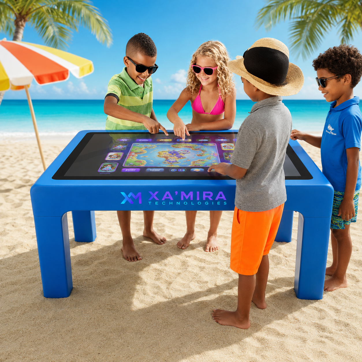 Children enjoying a treasure-hunt activity on a blue Xa'Mira touchscreen table at the beach