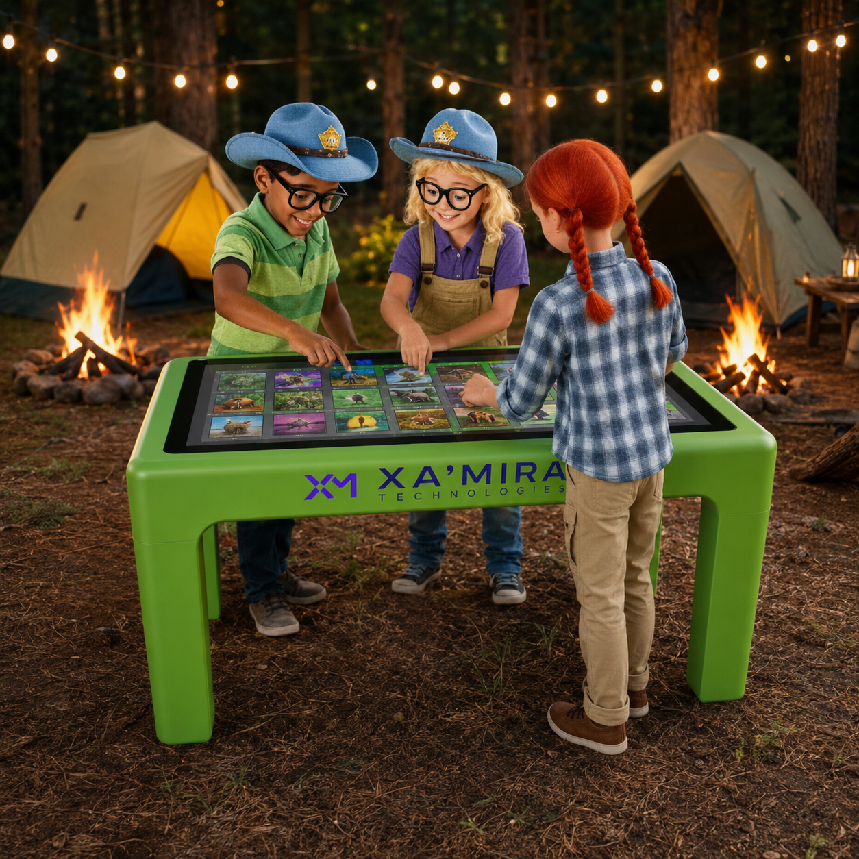 Children enjoying a nature activity on a green Xa'Mira touchscreen table at a campsite